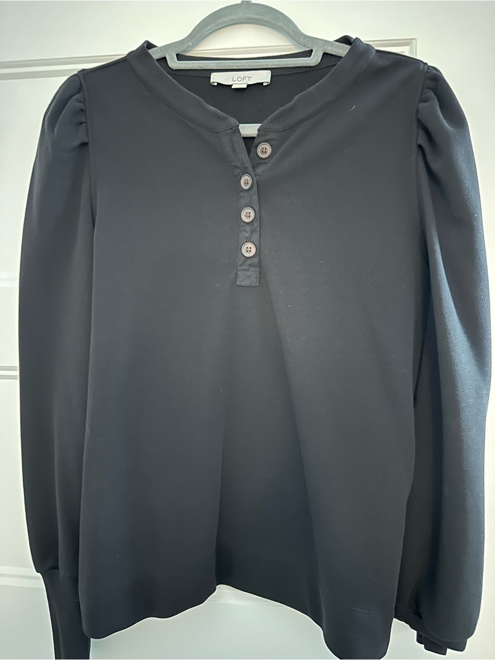 LOFT Black Puff-Sleeve Henley Sweatshirt Top